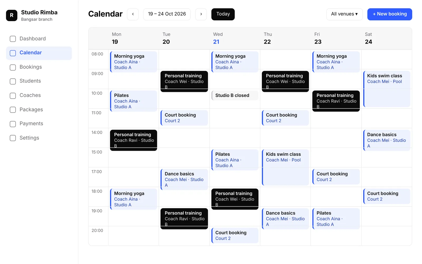 Sesiku booking calendar for a demo studio: the week's classes by coach and venue, with today highlighted
