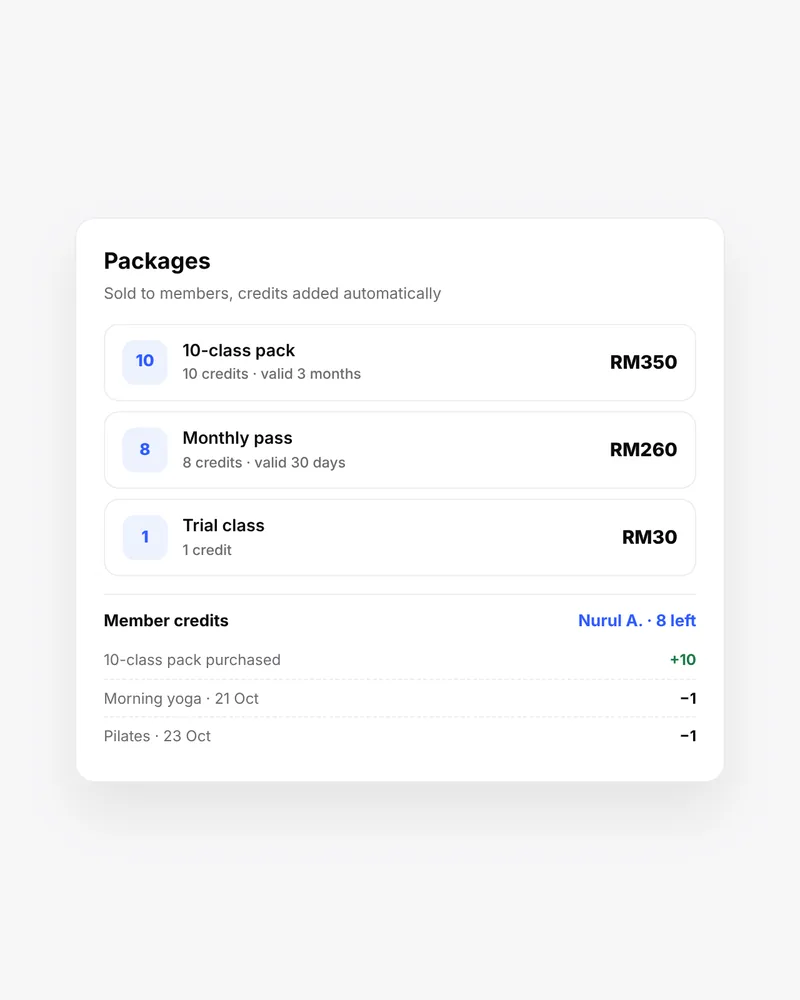 Sesiku packages screen listing a 10-class pack, a monthly pass and a trial class, with a member's credit history