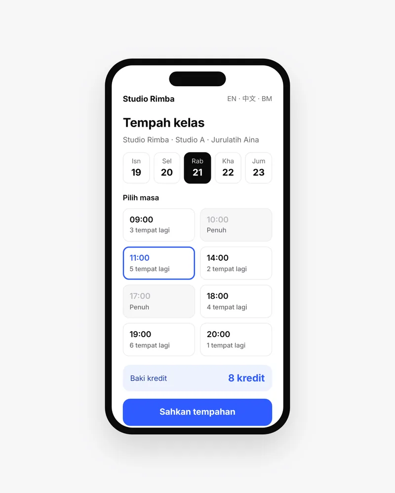 Skrin telefon halaman tempahan Sesiku: ahli memilih slot kelas 11:00 dan melihat baki 8 kredit